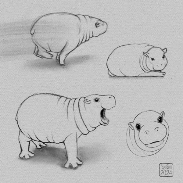 Digital graphite sketches of Moo Deng, the pygmy hippo, in four different poses.