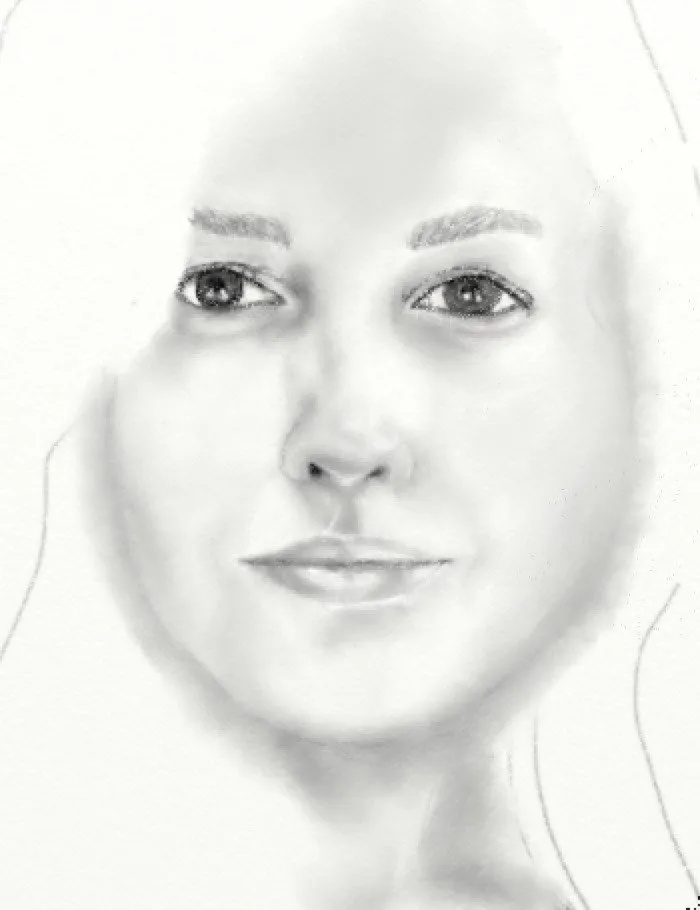 Unfinished pencil portrait sketch of me, slightly better than the previous attempt. Faint line work suggesting hair at the sides.