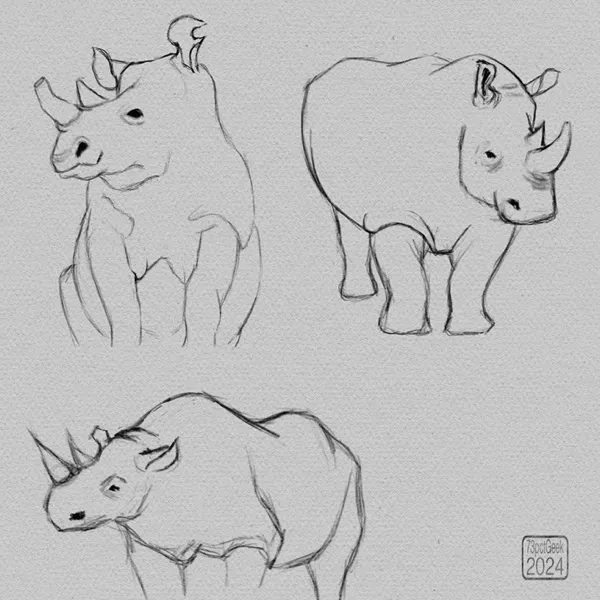 Digital graphite sketches of 3 different rhinoceroses.