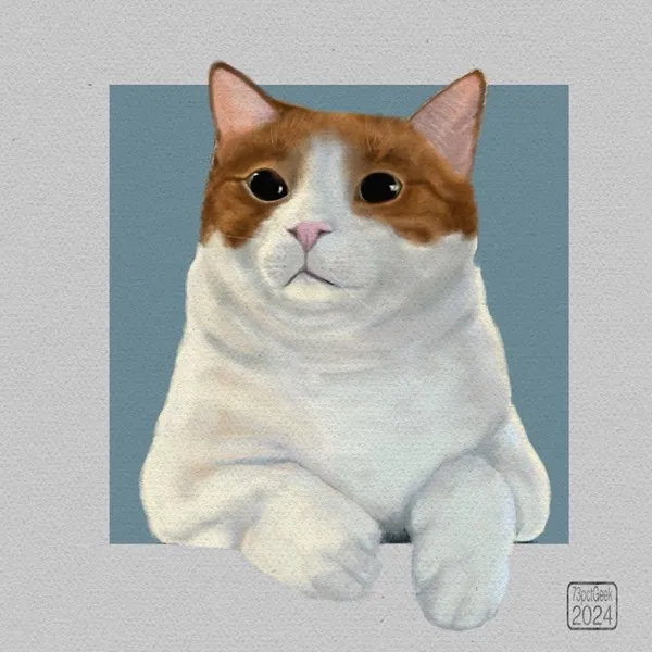 Digital gouache portrait of a white and orange cat.