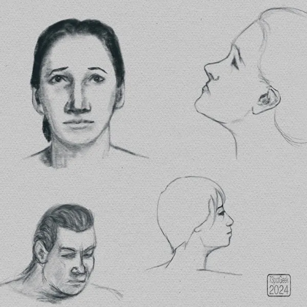 Digital graphite sketches of one man’s, and three women’s heads.