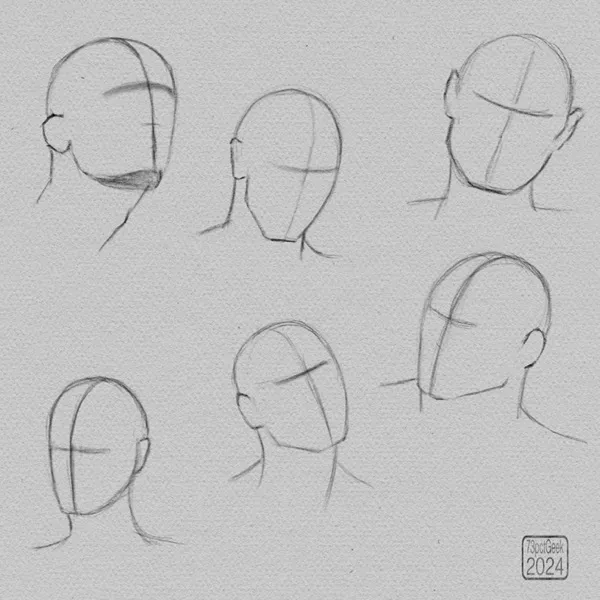 Digital graphite sketches of 6 different head lay-ins.