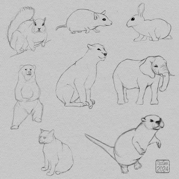 Digital sketches of various animals: a squirrel, a mouse, a rabbit, a bear, a lion, an elephant, a house cat, and an otter.