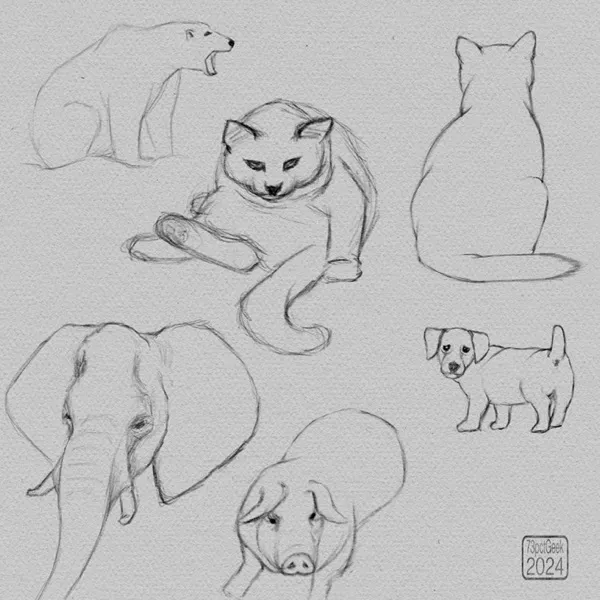 Digital sketches of various animals: 2 house cats, an elephant, a dog, a polar bear, and a pig.