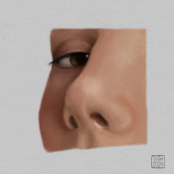 Digital gouache study of a woman’s eye and nose.