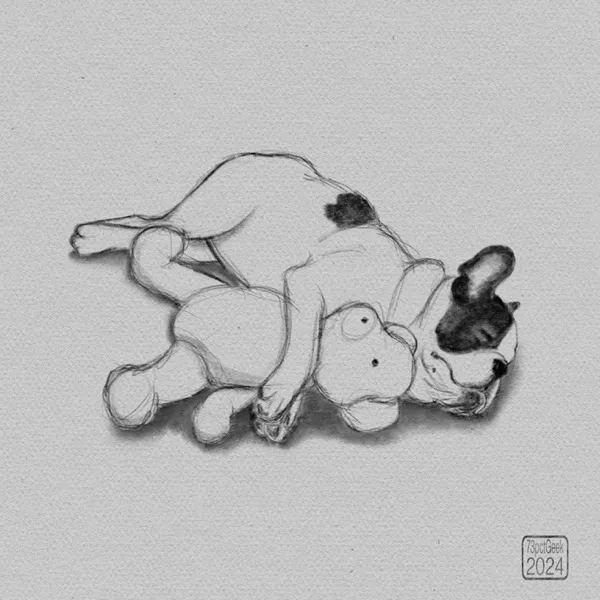 Digital graphite sketch of a sleeping French Bulldog cuddling a teddy bear.