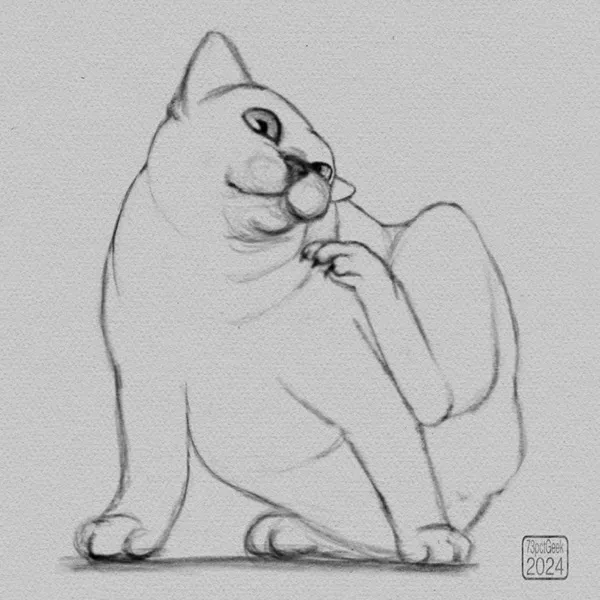Digital sketch of a cat scratching its face with a hind leg. 