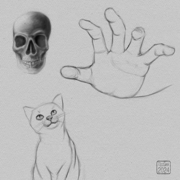Digital sketches of a skull, a grasping hand, and a cat.