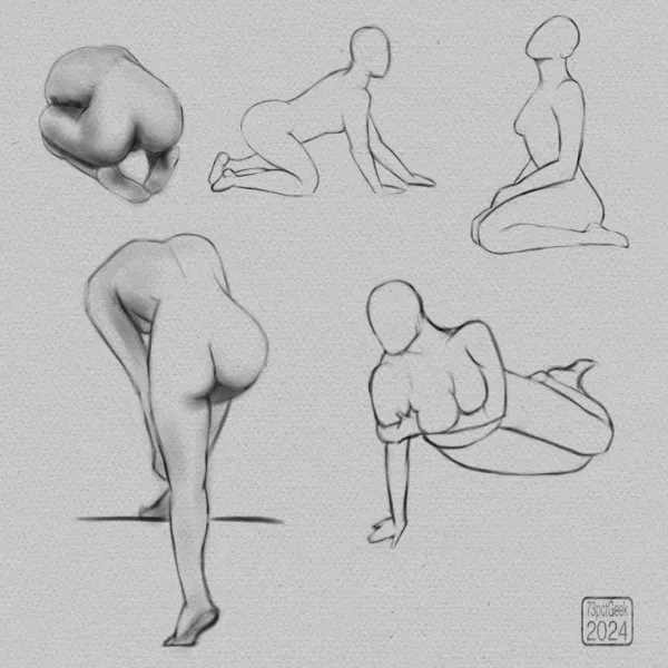 Digital drawings of five different nude figures in various poses.