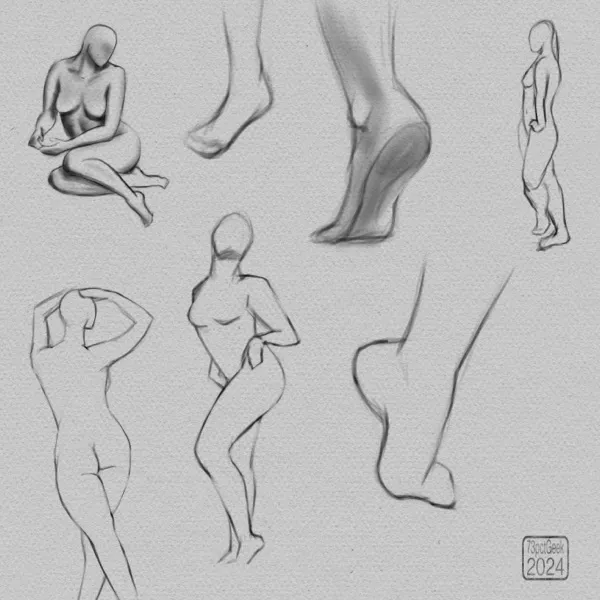 Digital drawings of four different nude figures, and three different feet in various poses.