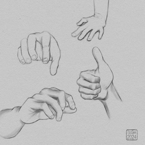 Digital sketches of 4 different hands in various poses.