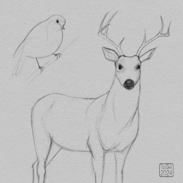 Quick digital sketches of a small bird stirring on a twig and a buck.