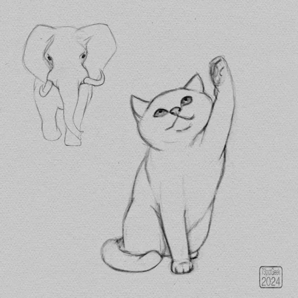 Digital sketches of an elephant and a cat.