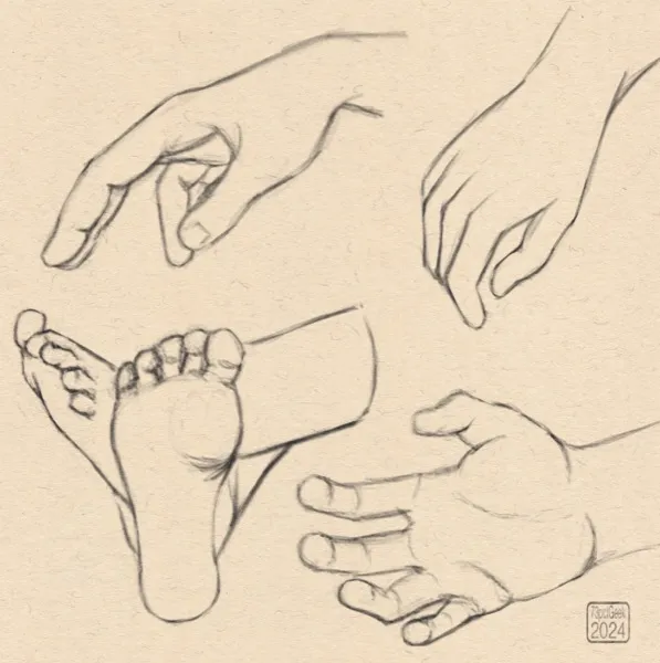 Digital sketches of three hands in different poses, and a pair of feet crossed at the ankle.