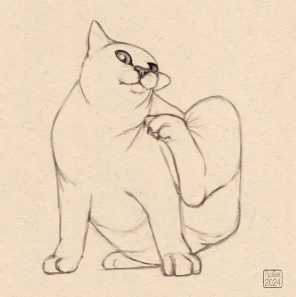 Digital sketch of a cat scratching itself.