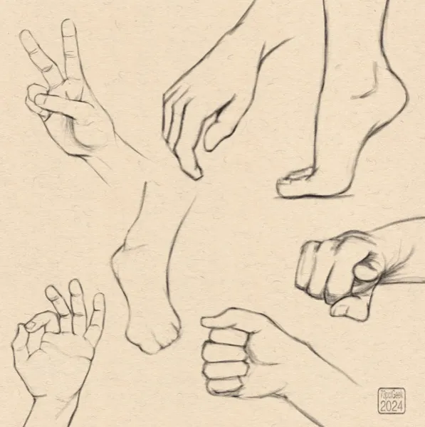 Digital sketches of five hands, and two feet in different poses. 