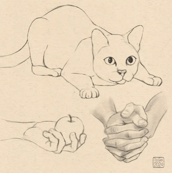 Digital sketches of a hand holding an apple, palm up, a pair of clasped hands, and a cat.