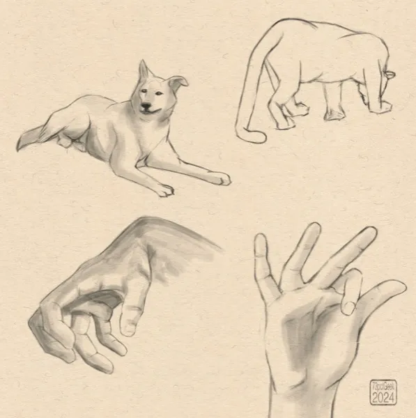 Digital sketches of a dog, a big cat, and two different hands in different poses.