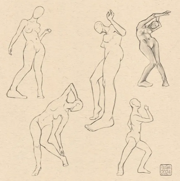 Digital sketches of five different nude figures in various foreshortened poses.