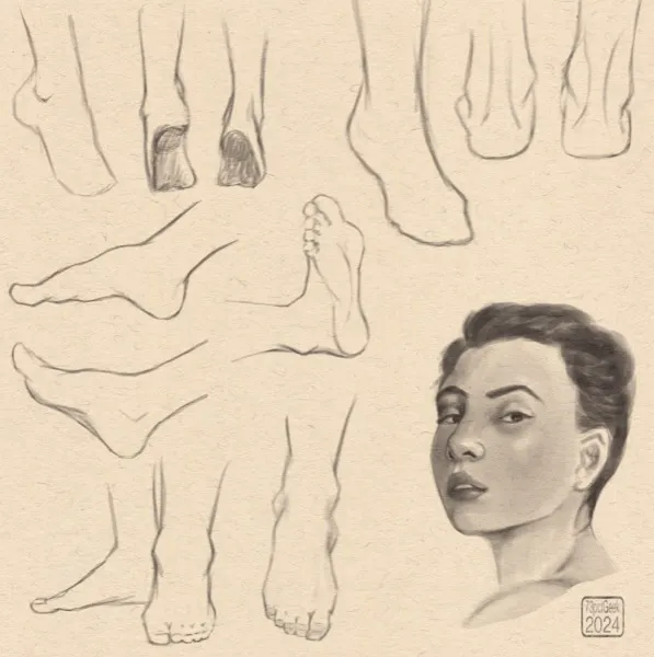 Digital sketches of three pairs of feet, and six individual feet in different poses, and a portrait of a woman. 