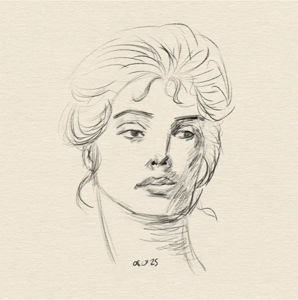 Digital sketch of a woman's head.