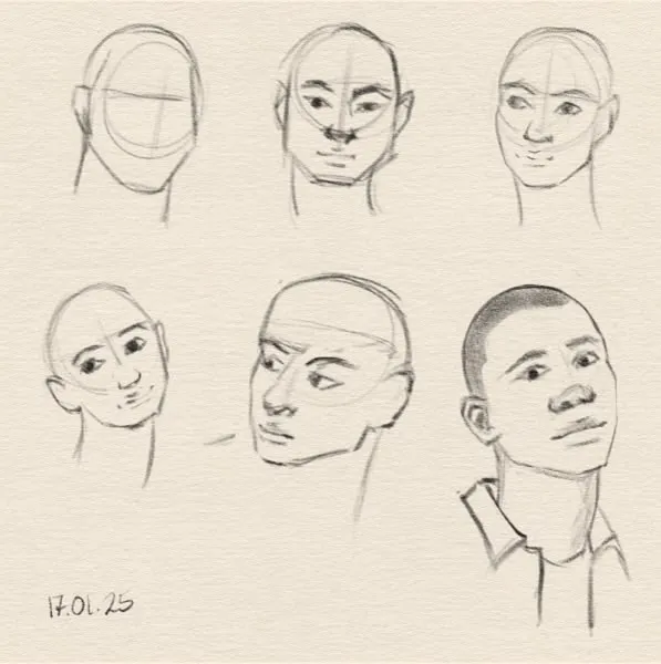 Digital sketches of 5 head lay-ins, and a man's head.