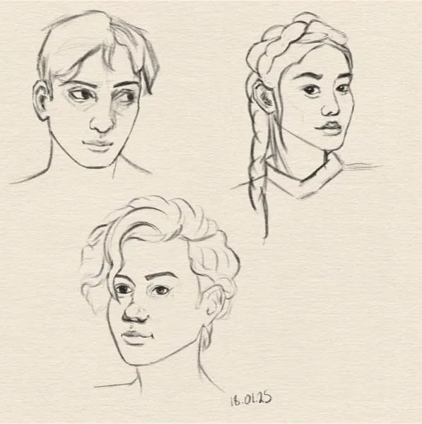 Digital sketches of 3 different heads, one man, and two women.