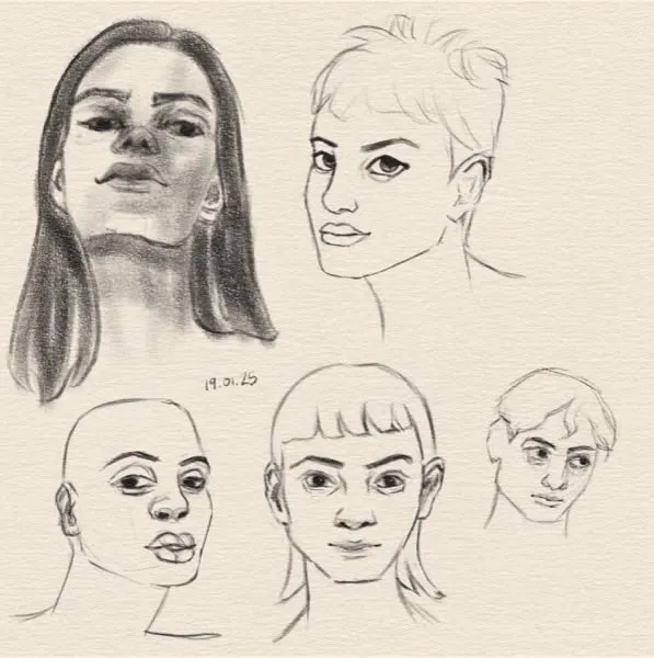 Digital sketches of 3 different heads, one man, and four women.