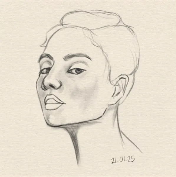 Digital sketch of a woman's head.