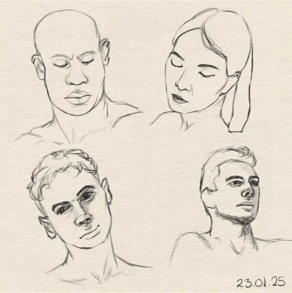 Digital sketch of four different heads, 3 men, one woman.