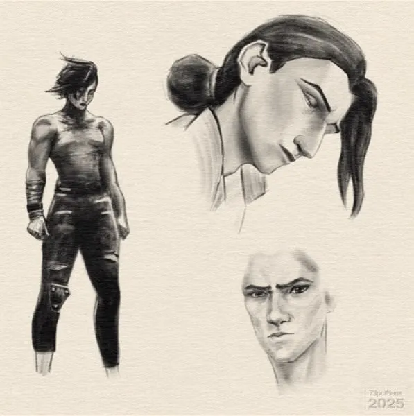 Digital graphite sketches of a woman standing, and two different men's heads, one is unfinished.