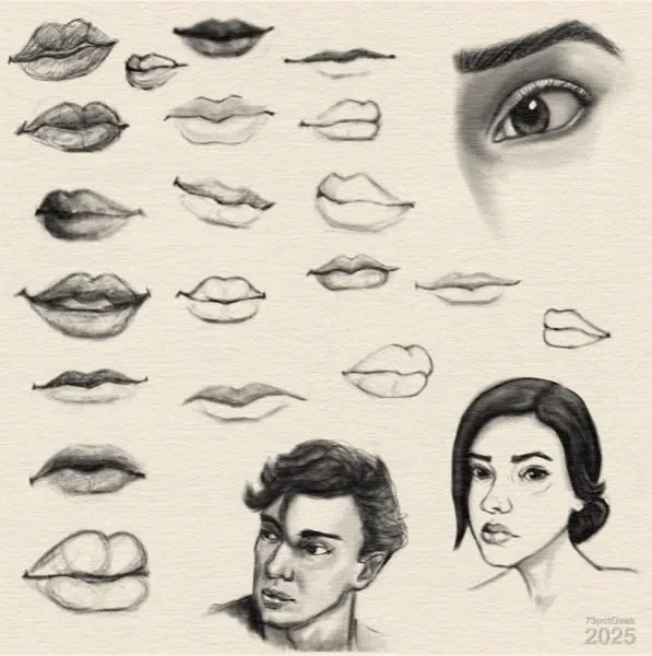 Digital sketch of a man's head, a woman's head, an eye, and various lip studies.