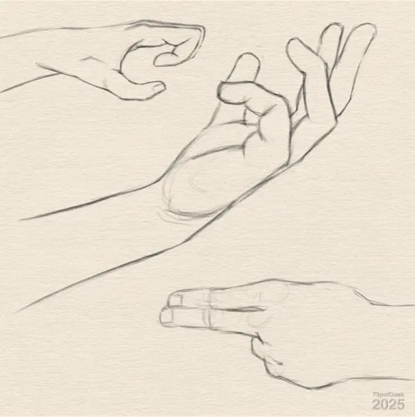 Digital sketch of 3 different hands in various poses.