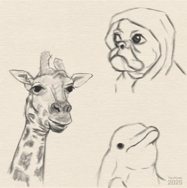 Digital sketch of a giraffe's head, a pug's head, and a dolphin.