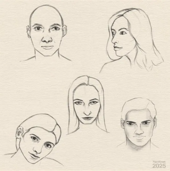 Digital sketch of five heads.