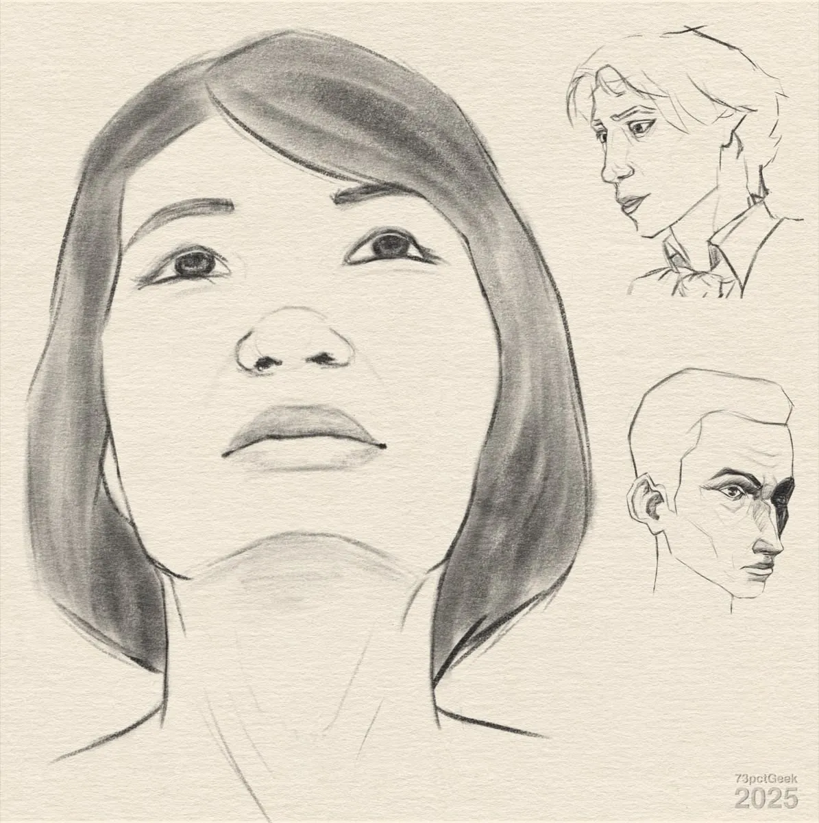 Digital sketch of a woman's head, and two men's heads.