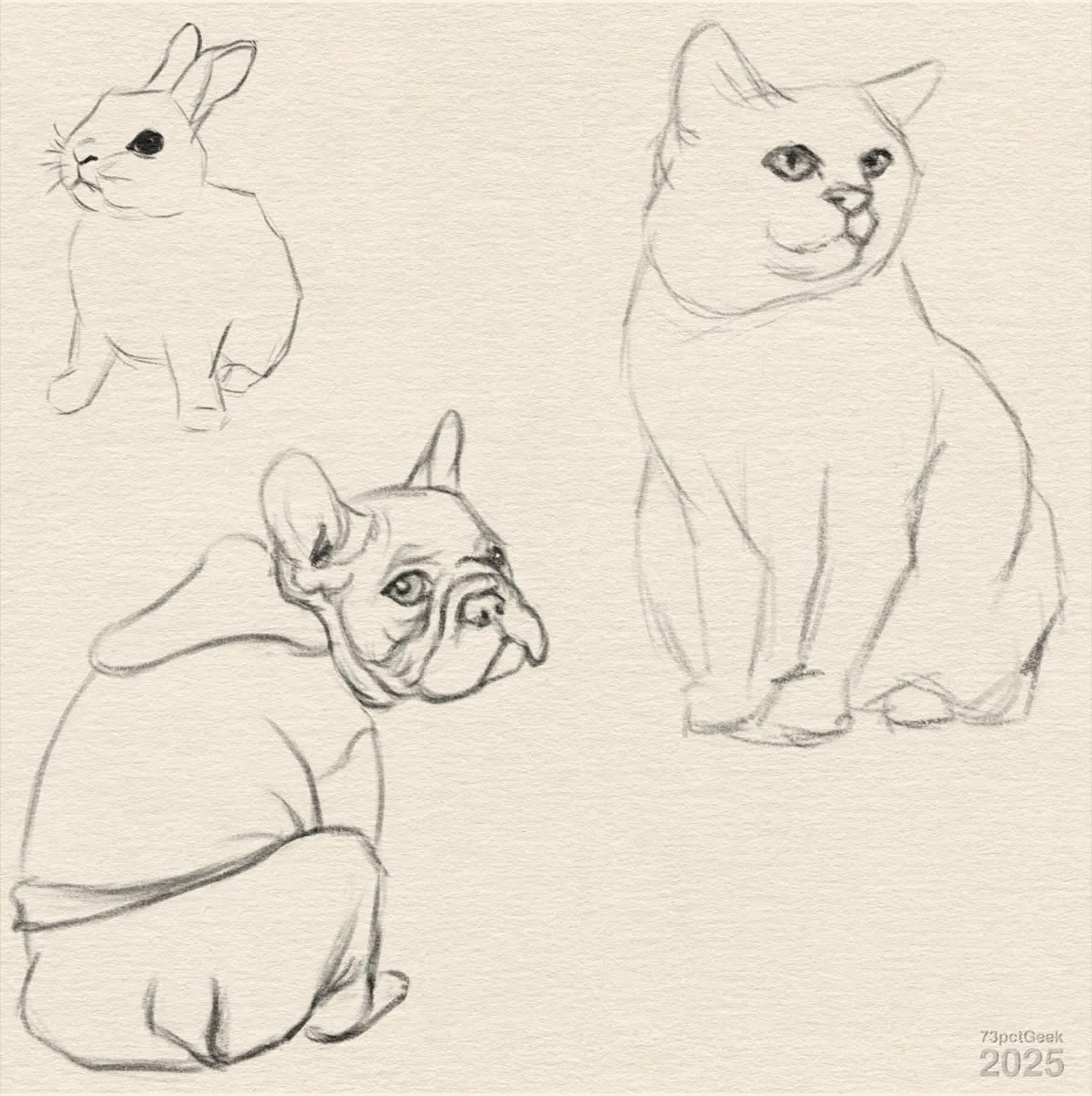Digital sketch of a french bulldog, a bunny and a cat.