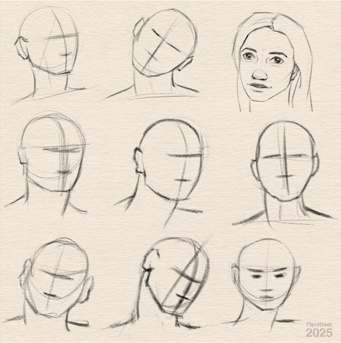 Digital sketch of 8 head lay-ins, and 1 woman's head.