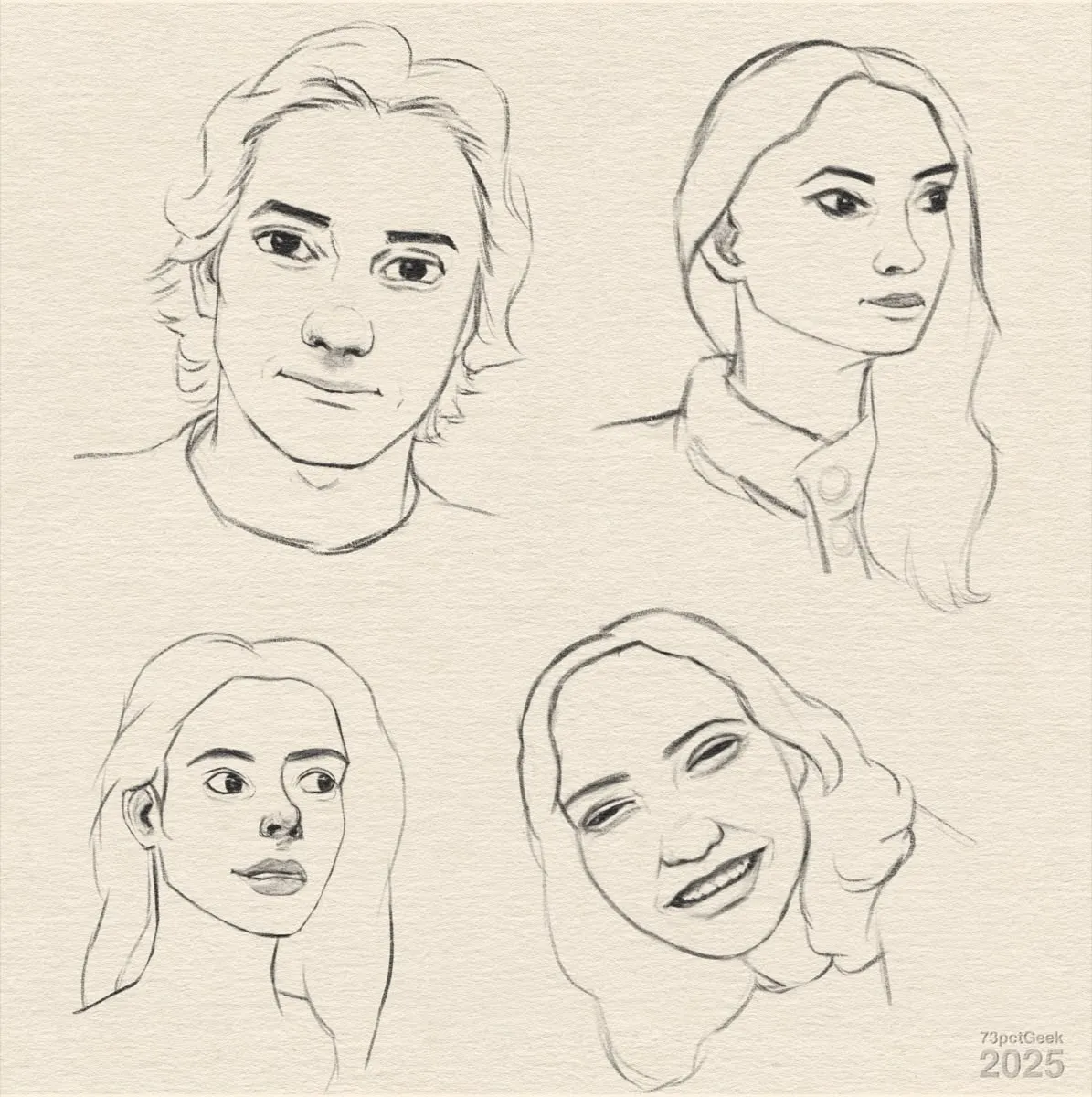 Digital sketch of 4 different heads.