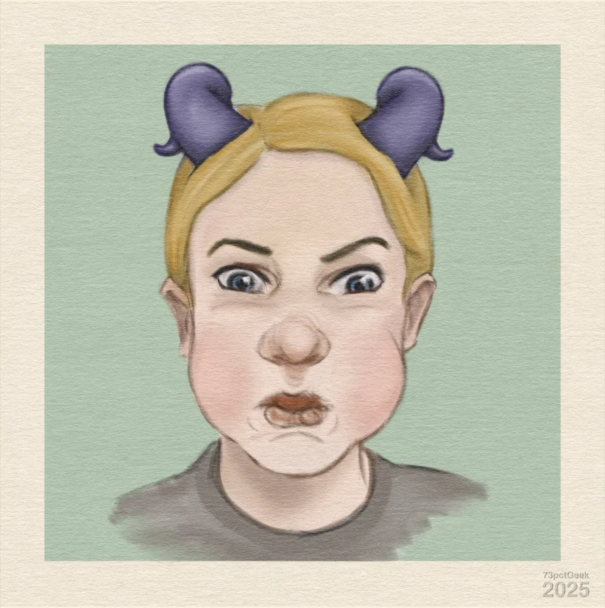 Digital rendering of a pale skinned woman’s head against a pale green background. She has small, purple curly horns emerging from her blonde hair, which appears to be tied back somehow. She is blowing her cheeks out so they are round and pink, and her lips are pursed and scrunched up. Her blue eyes are fixed forwards and wide open, brows lifted. She looks like she’s holding her breath to spite someone.