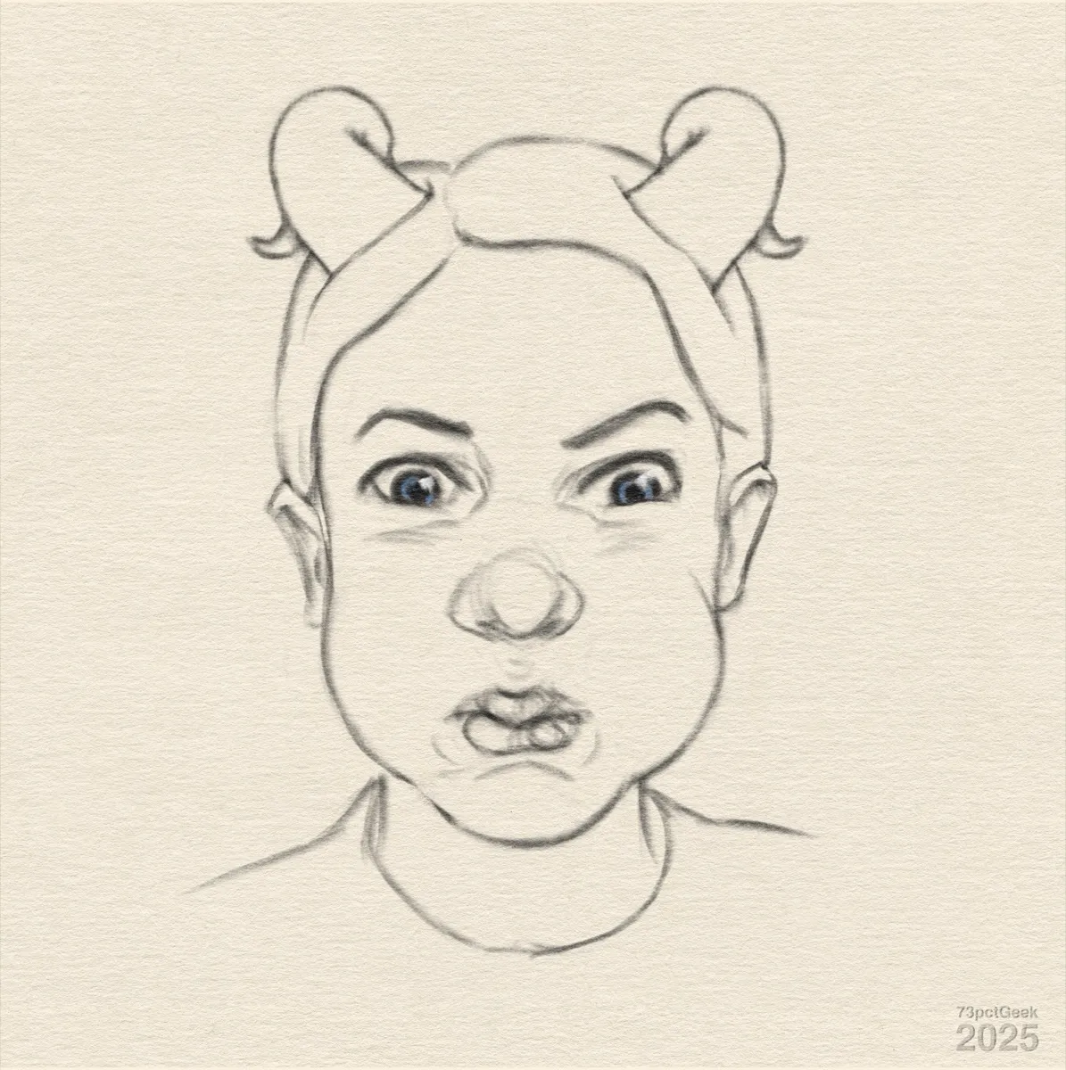 Digital graphite sketch of a woman’s head. She has small, curly horns, and is blowing her cheeks out so they are round, and her lips are pursed and scrunched up. Her eyes are fixed forwards and wide open, brows lifted. She looks like she’s holding her breath to spite someone.