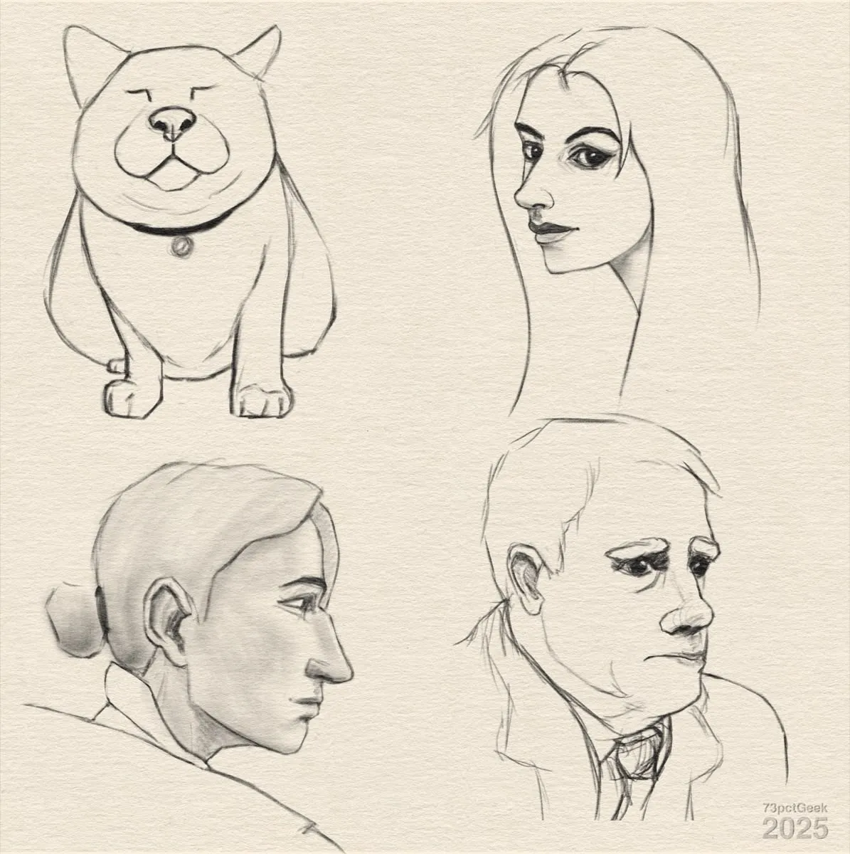 Digital line-art stylised sketches of three different heads, Silco in profile, an older man, a young woman, and a stylised cat stirring with eyes closed, looking thoroughly pleased with itself.