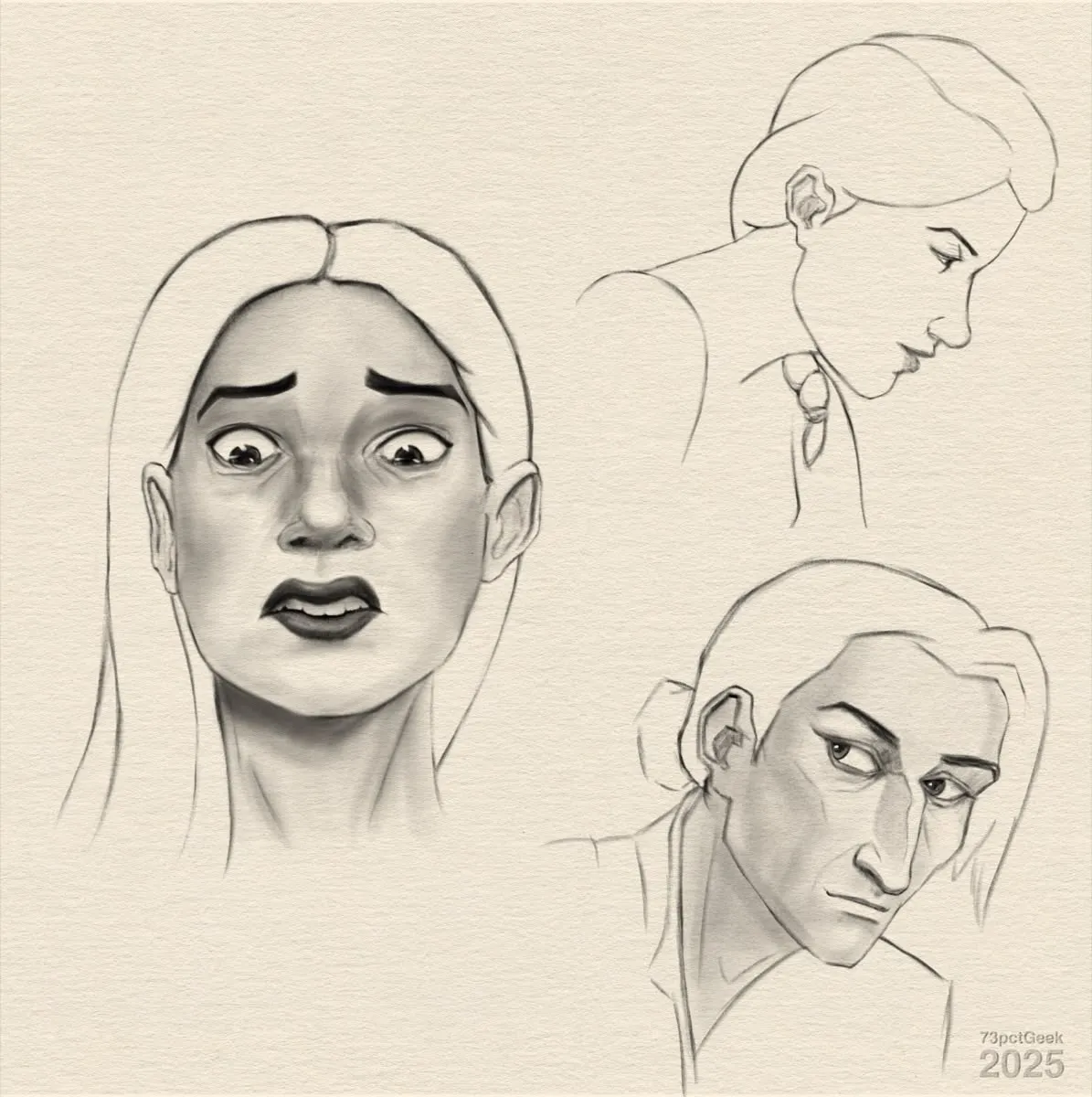 Digital line-art stylised sketches of three different heads, Silco in 3/4 view, and two young women.