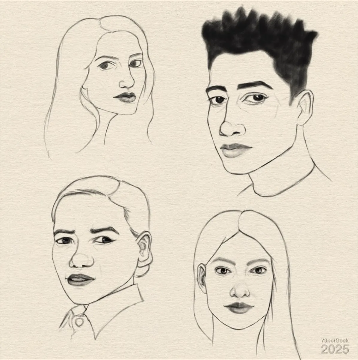 Digital sketch of four different heads.