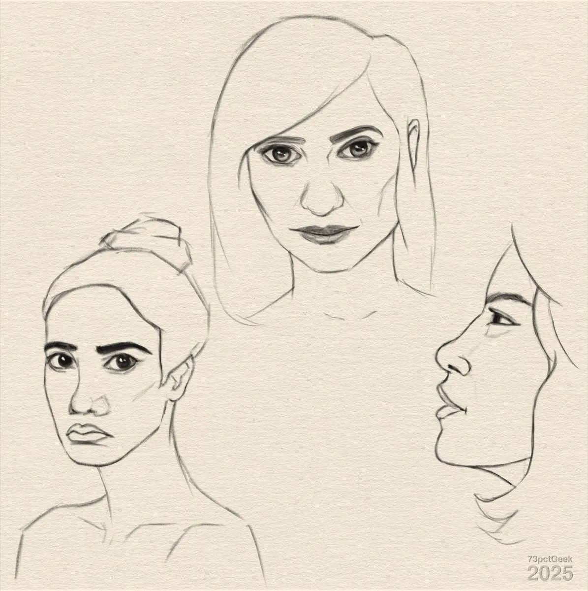 Digital line-art sketch of three heads.