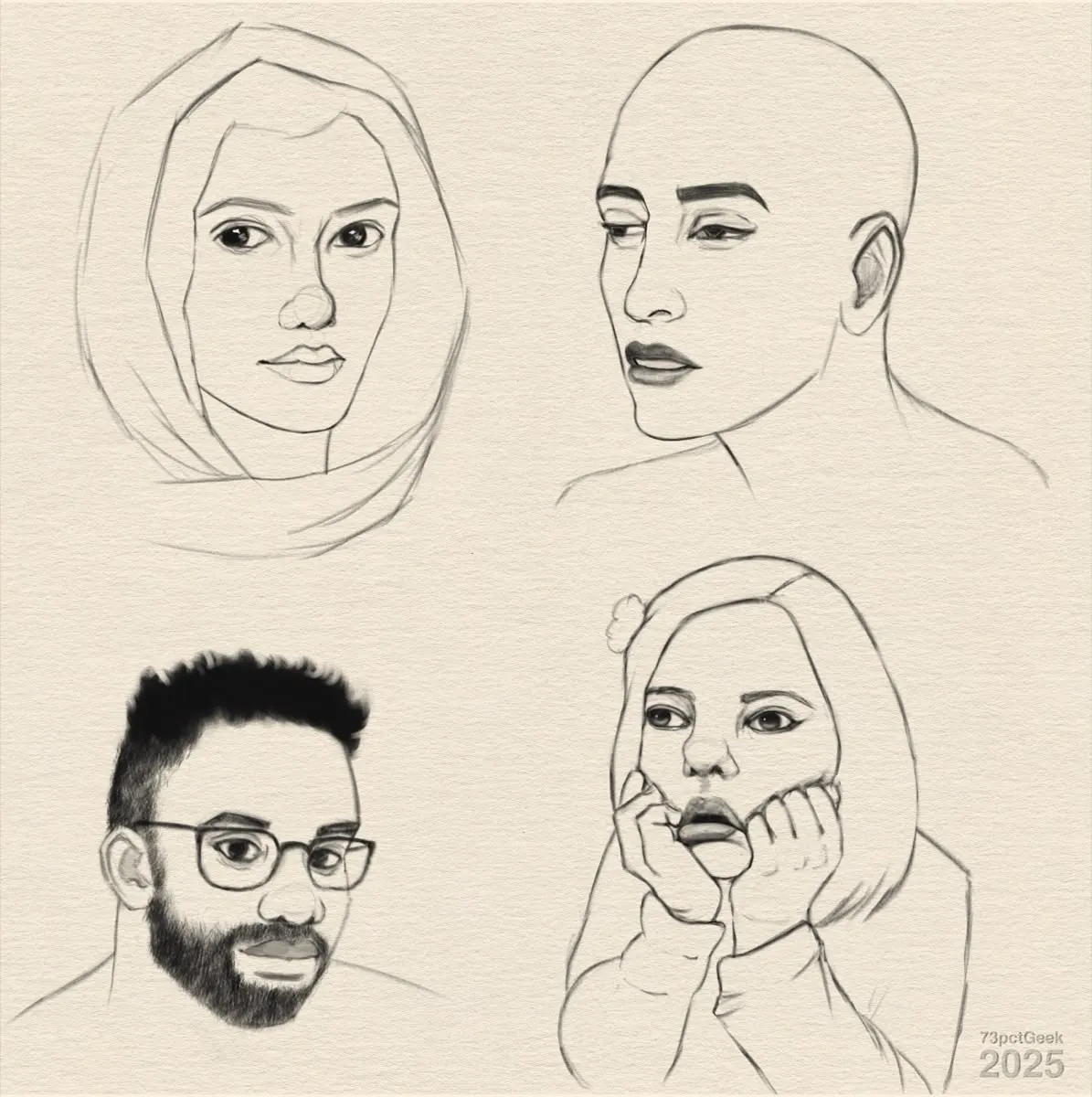 Digital line-art sketch of four heads.