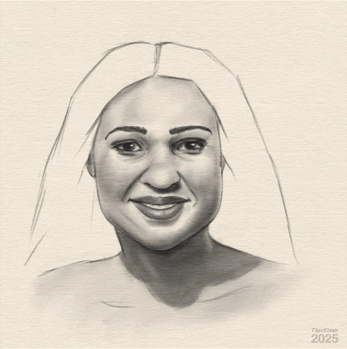 Digital graphite sketch of a woman’s head and shoulders. She’s looking at the viewer and smiling.