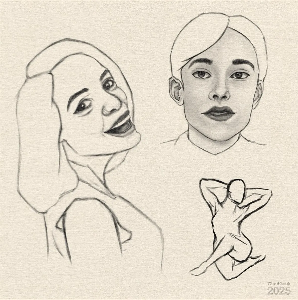 Digital sketch of two women’s heads and shoulders, one in line-art the other lightly shaded, and a gesture drawing of a figure sitting with its arms behind its head.