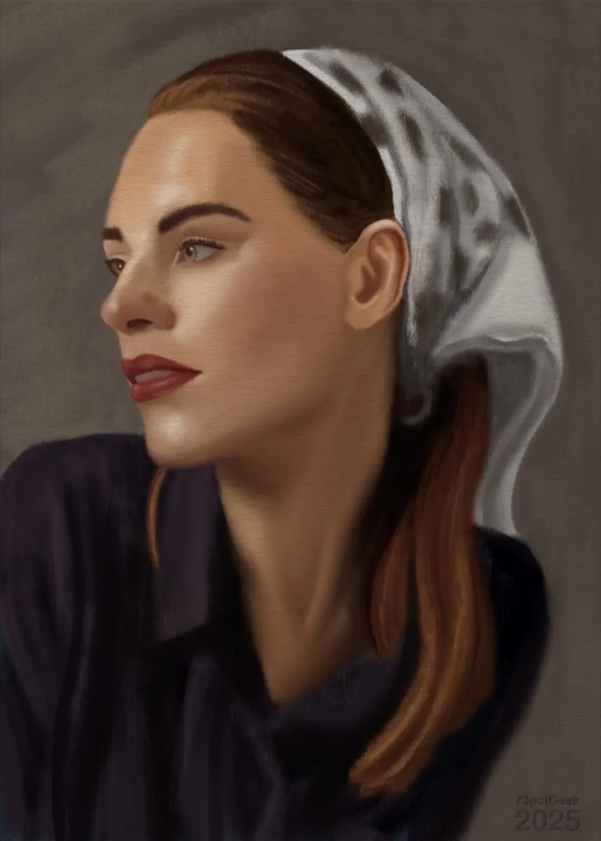 Digital painting of a woman’s head and shoulders. She has pale skin, greenish eyes, and her auburn hair is tied back behind a black and white polka-dotted headscarf.