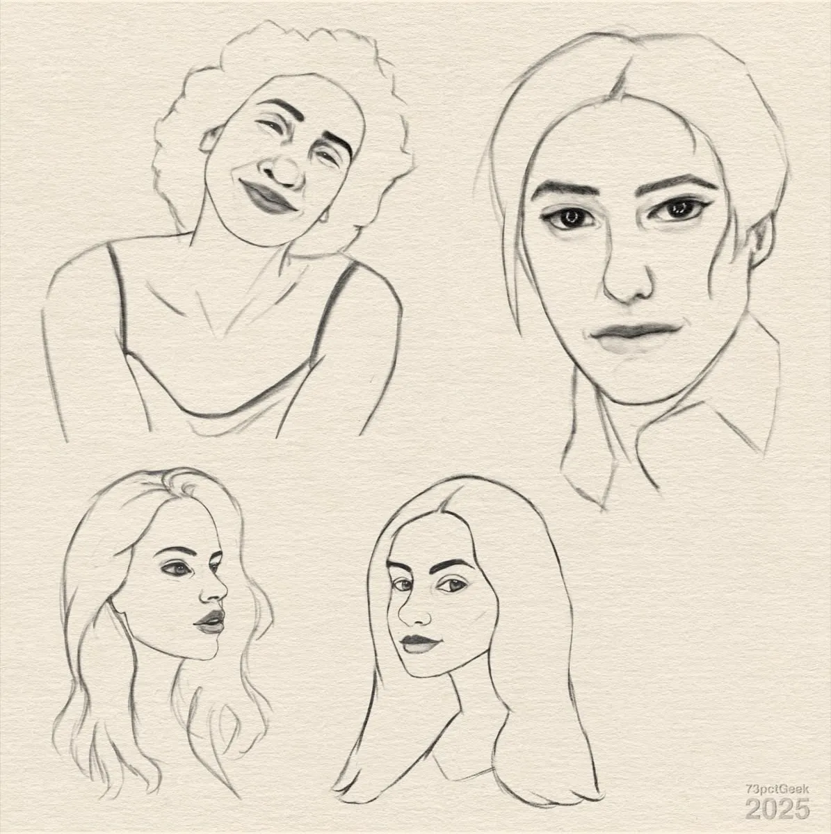 Digital line-art sketches of four different heads.